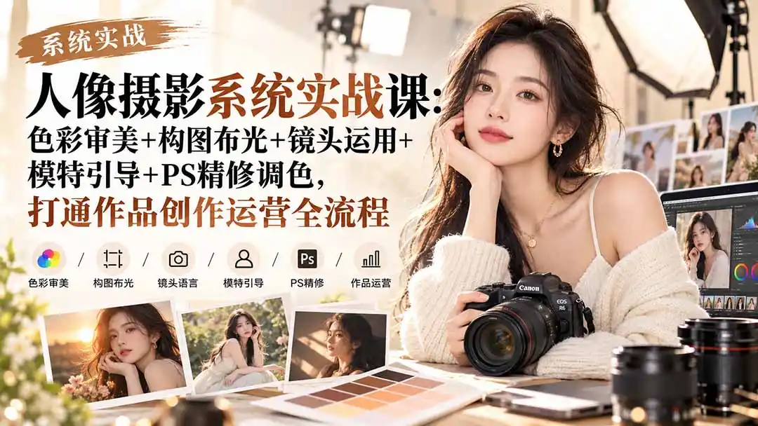 【无水印】人像摄影系统实战课：色彩审美+构图布光+镜头运用+模特引导+PS精修调色，打通作品创作运营全流程-翻身路网创