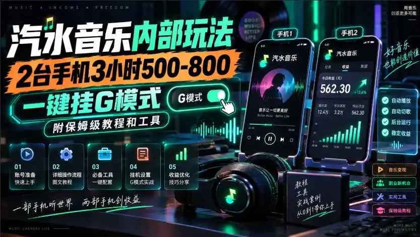汽水音乐内部玩法，2台手机3小时500-800，一键挂G模式，附保姆级教程和工具【揭秘】-翻身路网创
