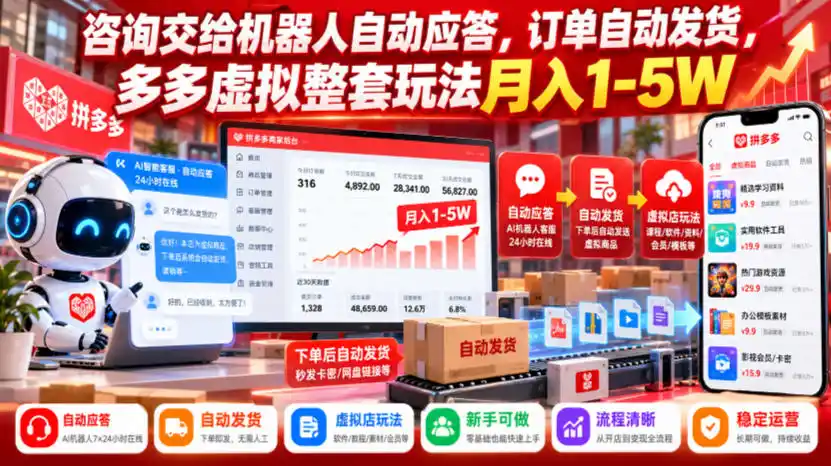 咨询交给机器人自动应答，订单自动发货，多多虚拟整套玩法月入1-5W【揭秘】-翻身路网创