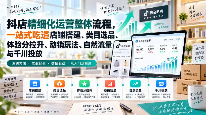 李哥电商-抖店精细化运营整体流程，一站式吃透店铺搭建、类目选品、体验分拉升、动销玩法、自然流量与千川投放-翻身路网创