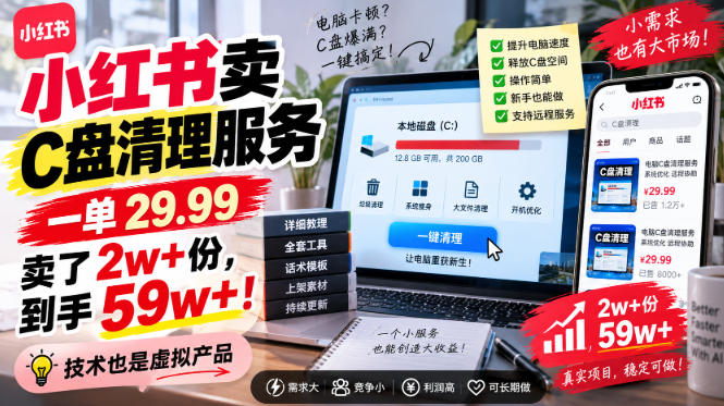 小红书卖C盘清理服务，一单29.99，卖了2w+份，技术也是虚拟产品-翻身路网创