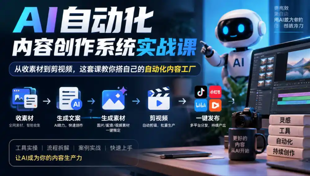 AI自动化内容创作系统实战课，从收素材到剪视频，这套课教你搭自己的自动化内容工厂-翻身路网创