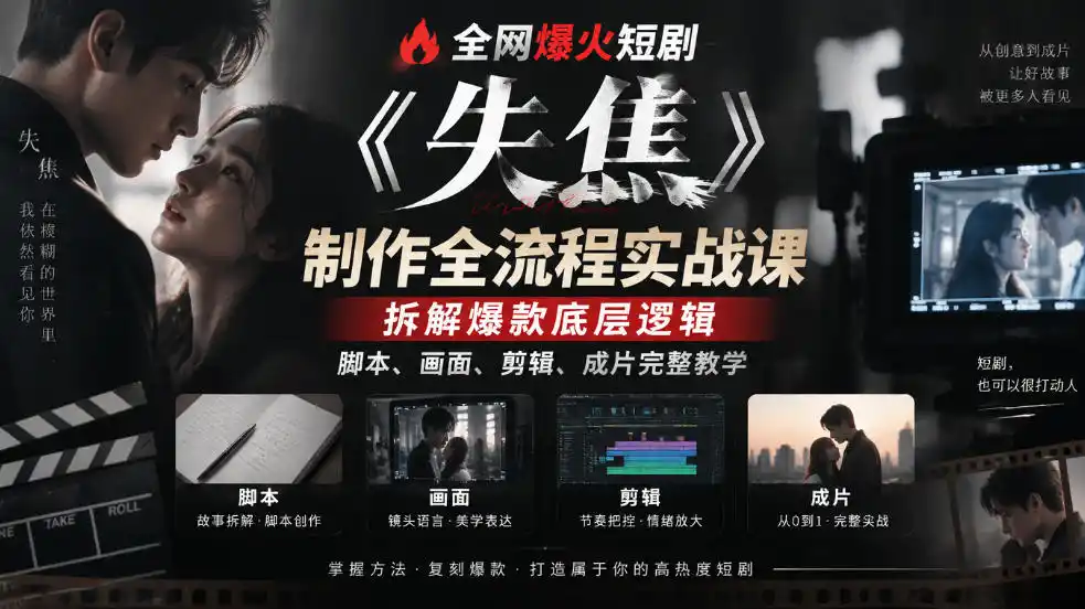 全网爆火短剧《失焦》制作全流程实战课｜拆解爆款底层逻辑，脚本、画面、剪辑、成片完整教学-翻身路网创