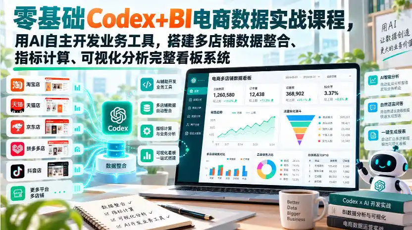 零基础Codex+BI电商数据实战课程，用AI自主开发业务工具，搭建多店铺数据整合、指标计算、可视化分析完整看板系统-翻身路网创