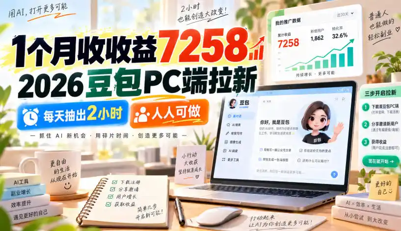 1个月收收益7258，2026豆包PC端拉新，每天抽出2小时，人人可做-翻身路网创
