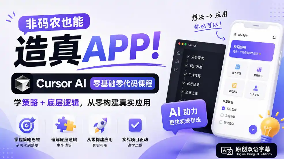 非码农也能造真APP！Cursor AI零基础零代码课程：学策略+底层逻辑，从零构建真实应用【原创双语字幕】-翻身路网创