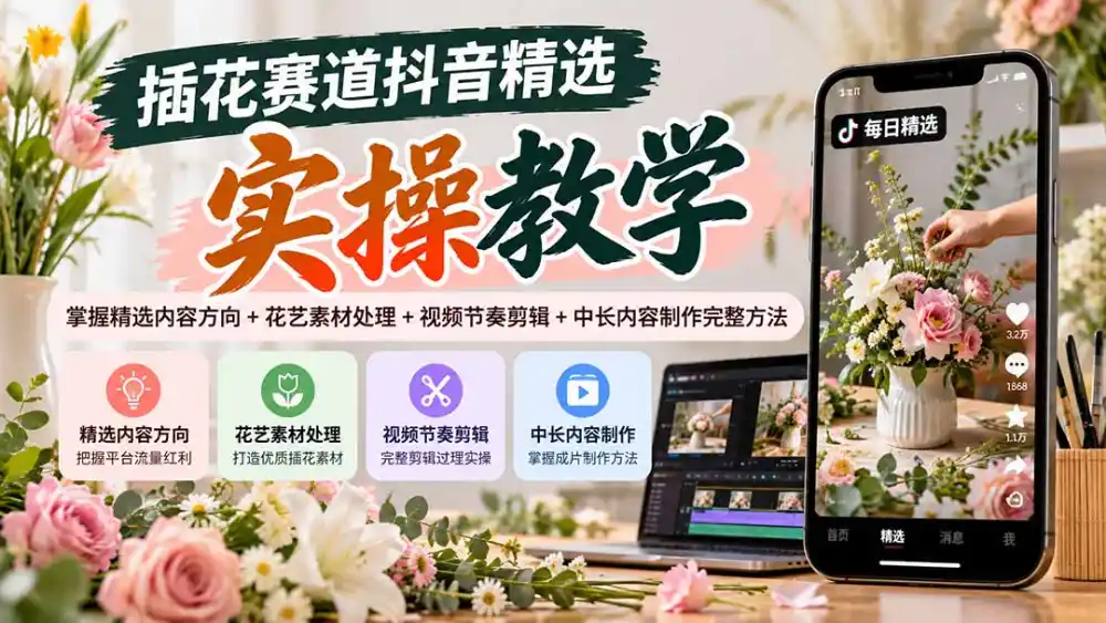 插花赛道抖音精选实操教学：掌握精选内容方向+花艺素材处理+视频节奏剪辑+中长内容制作完整方法-翻身路网创