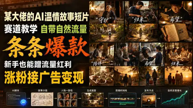 某大佬的AI温情故事短片赛道教学，自带自然流量，条条爆款，新手也能蹭流量红利，涨粉接广告变现-翻身路网创