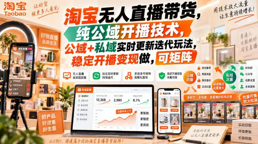 淘宝无人直播带货，纯公域开播技术，公域+私域实时更新迭代玩法，稳定开播变现做，可矩阵【揭秘】-翻身路网创