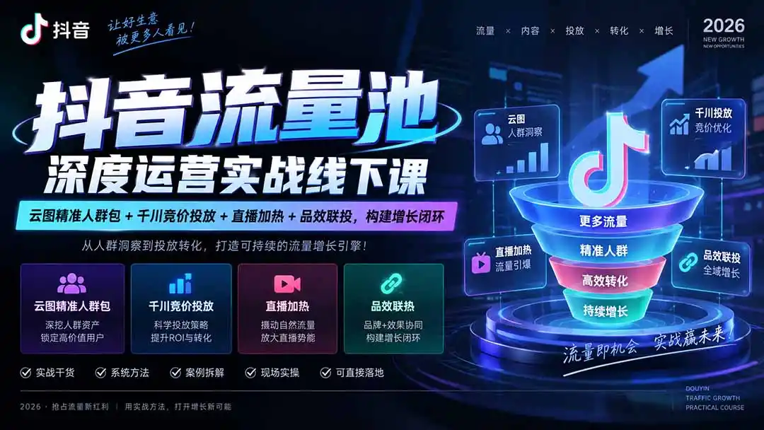 抖音流量池深度运营实战线下课｜云图精准人群包+千川竞价投放+直播加热+品效联投，构建增长闭环-翻身路网创