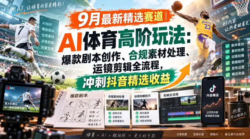 某大佬的9月最新精选赛道之AI体育顶级玩法，爆款剧本创作、版权规避、运镜剪辑全流程，稳拿抖音精选收益-翻身路网创