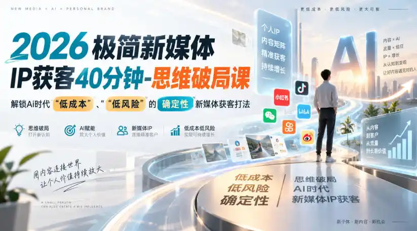 2026极简新媒体IP获客40分钟-思维破局课，解锁Ai时代“低成本”、“低风险”的确定性新媒体获客打法-翻身路网创