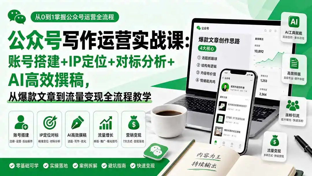 公众号写作运营实战课：账号搭建+IP定位+对标分析+AI高效撰稿，从爆款文章到流量变现全流程教学-翻身路网创