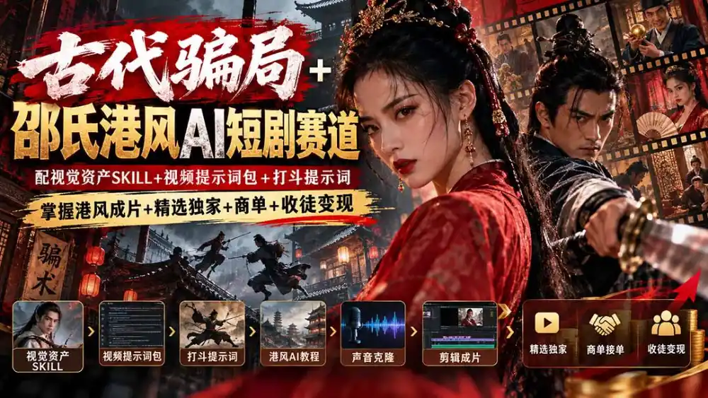古代骗局+邵氏港风AI短剧赛道：配视觉资产SKILL+视频提示词包+打斗提示词，掌握港风成片+精选独家+商单+收徒变现-翻身路网创