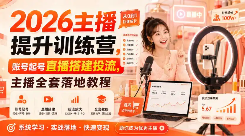 2026主播提升训练营，账号起号直播搭建投流，主播全套落地教程-翻身路网创