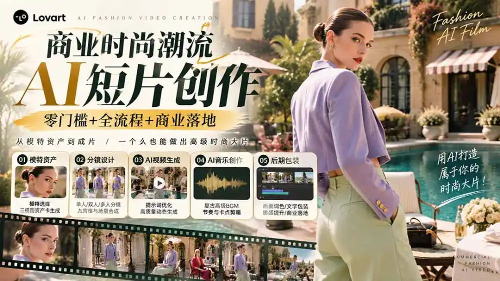 从一张模特图到高级时尚广告大片：AI三视图资产、场景合成、电影分镜、动态生成与复古音乐剪辑实战课-翻身路网创