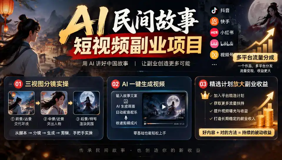 AI民间故事短视频副业项目，多平台流量分成，三视图分镜实操，精选计划放大副业收益-翻身路网创
