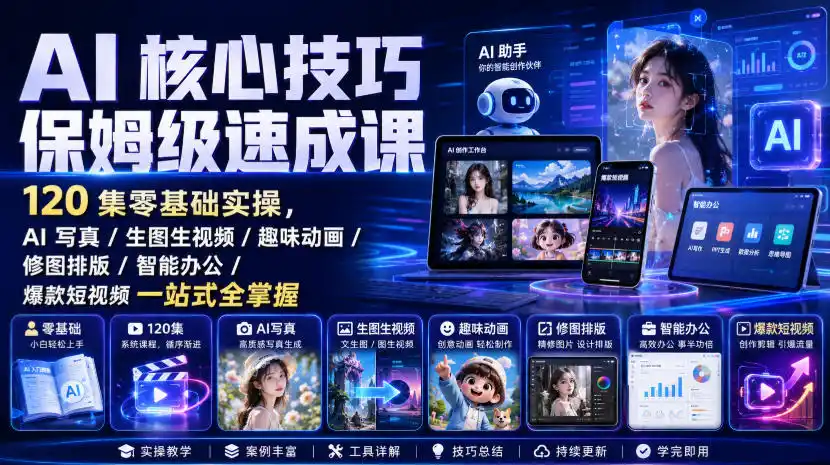 AI核心技巧保姆级速成课｜120集零基础实操，AI写真/生图生视频/趣味动画/修图排版/智能办公/爆款短视频一站式全掌握-翻身路网创
