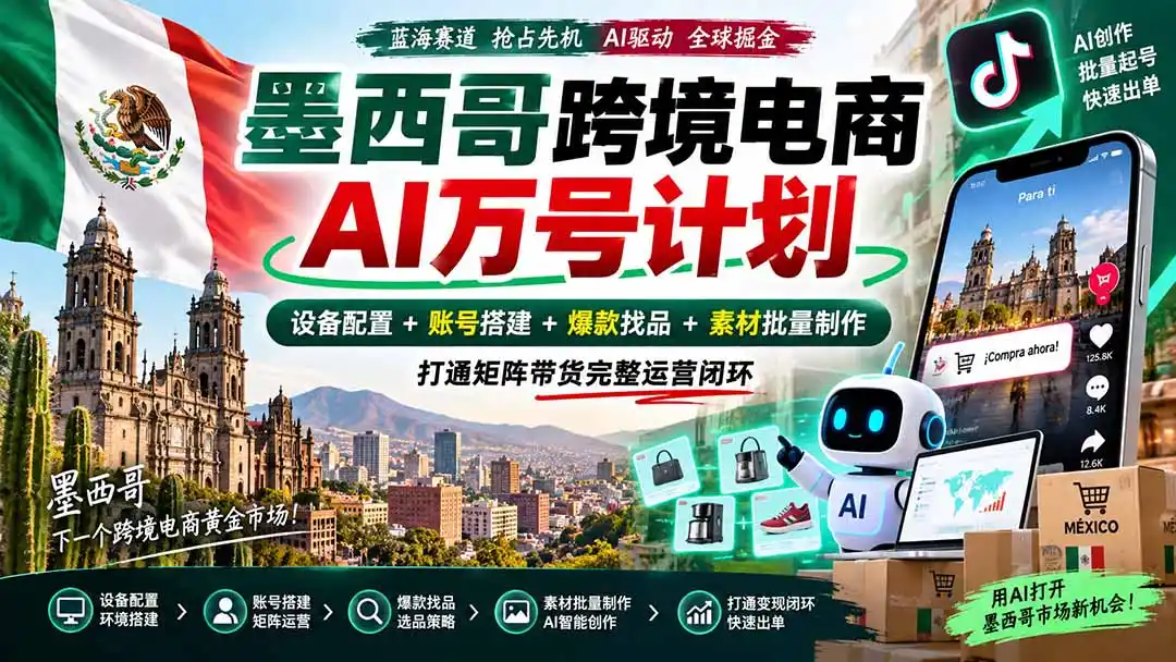 墨西哥AI跨境电商万号计划｜设备配置+账号搭建+爆款找品+素材批量制作，打通矩阵带货完整运营闭环-翻身路网创