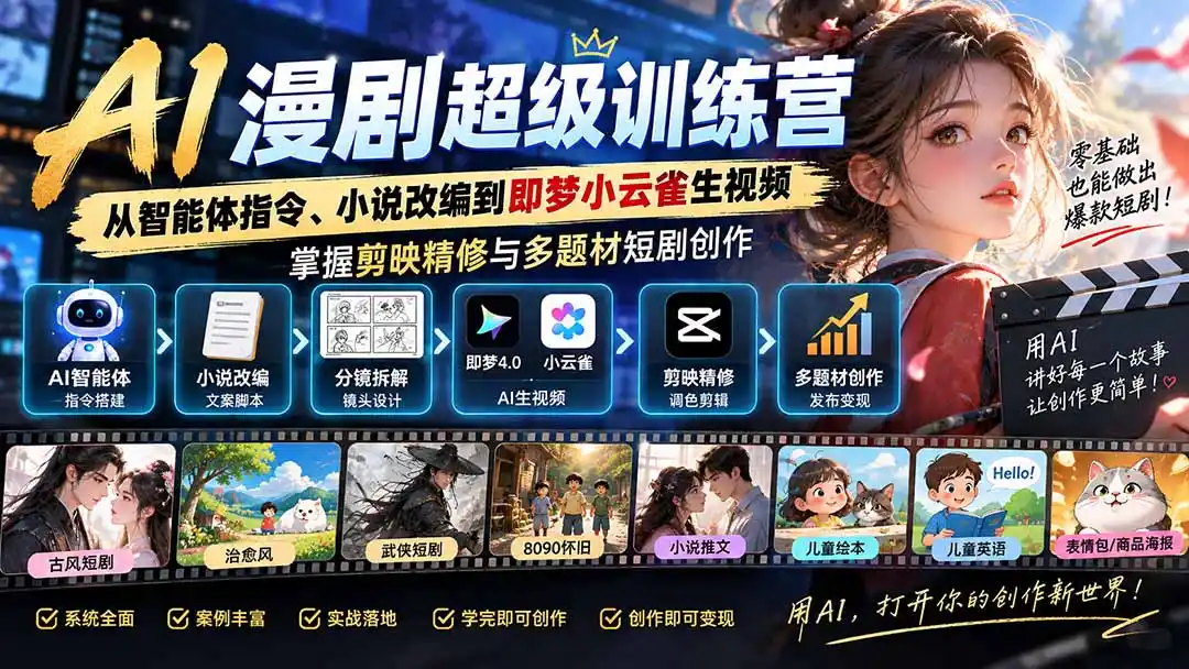 AI漫剧超级特训营：从智能体指令、小说改编到即梦小云雀生视频，掌握剪映精修与多题材短剧创作-翻身路网创
