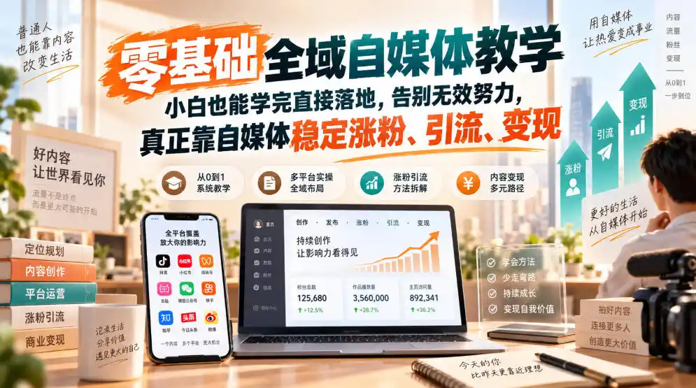 零基础全域自媒体教学，小白也能学完直接落地，告别无效努力，真正靠自媒体稳定涨粉、引流、变现-翻身路网创