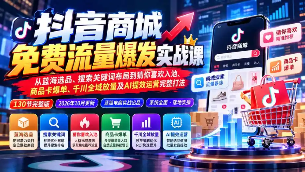 抖音商城免费流量爆发实战：从蓝海选品、搜索关键词布局到猜你喜欢入池、商品卡爆单、千川全域放量及AI提效完整打法-翻身路网创