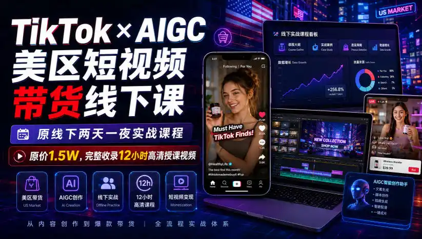 TikTok×AIGC美区短视频带货线下课，原线下两天一夜实战课程，原价1.5W，完整收录12小时高清授课视频-翻身路网创