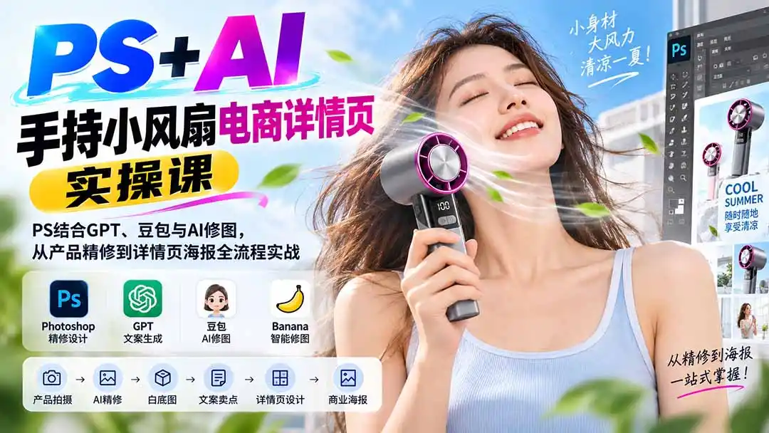 PS+AI手持小风扇电商详情页实操课：PS结合GPT、豆包与AI修图，从产品精修到详情页海报全流程实战-翻身路网创
