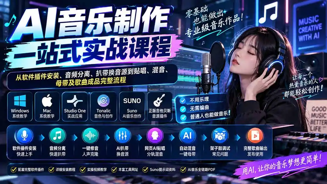 AI音乐制作一站式实战课程：从软件插件安装、音频分离、扒带换音源到贴唱、混音、母带及歌曲成品完整流程-翻身路网创