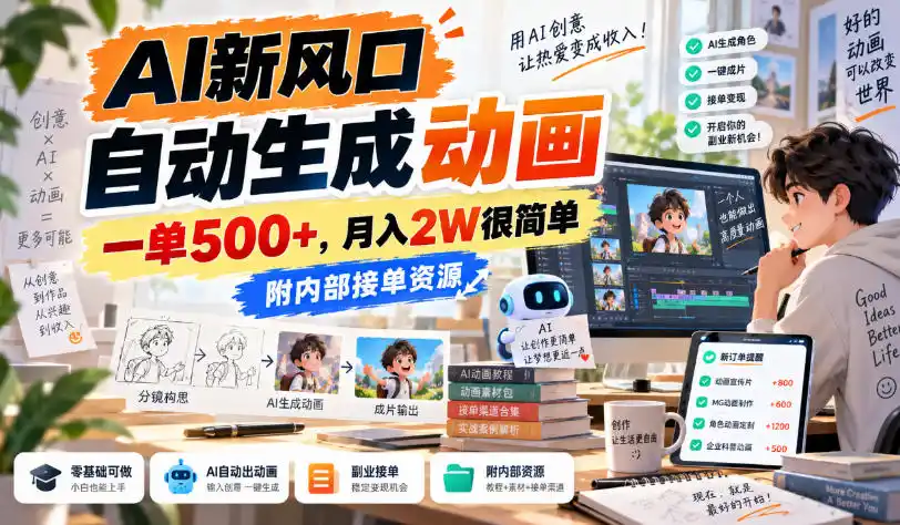 AI新风口，自动生成动画，一单500+，月入2W很简单，附内部接单资源【揭秘】-翻身路网创