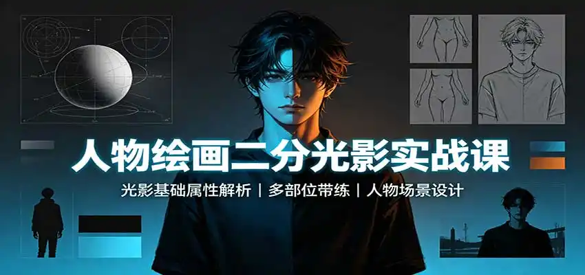 人物绘画二分光影实战课：光影基础属性解析，多部位带练，人物场景设计-翻身路网创