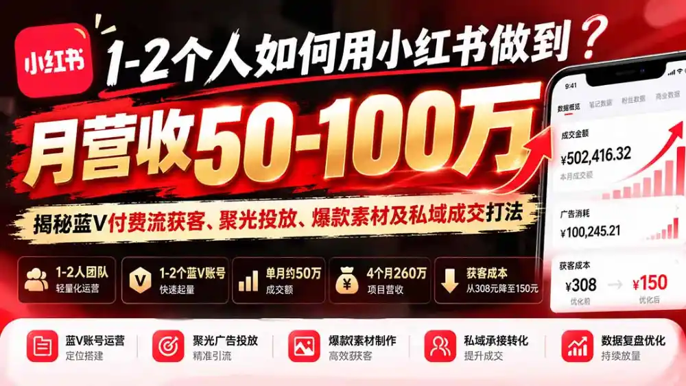 1-2个人如何用小红书做到月营收50-100万？揭秘蓝V付费流获客、聚光投放、爆款素材及私域成交打法-翻身路网创