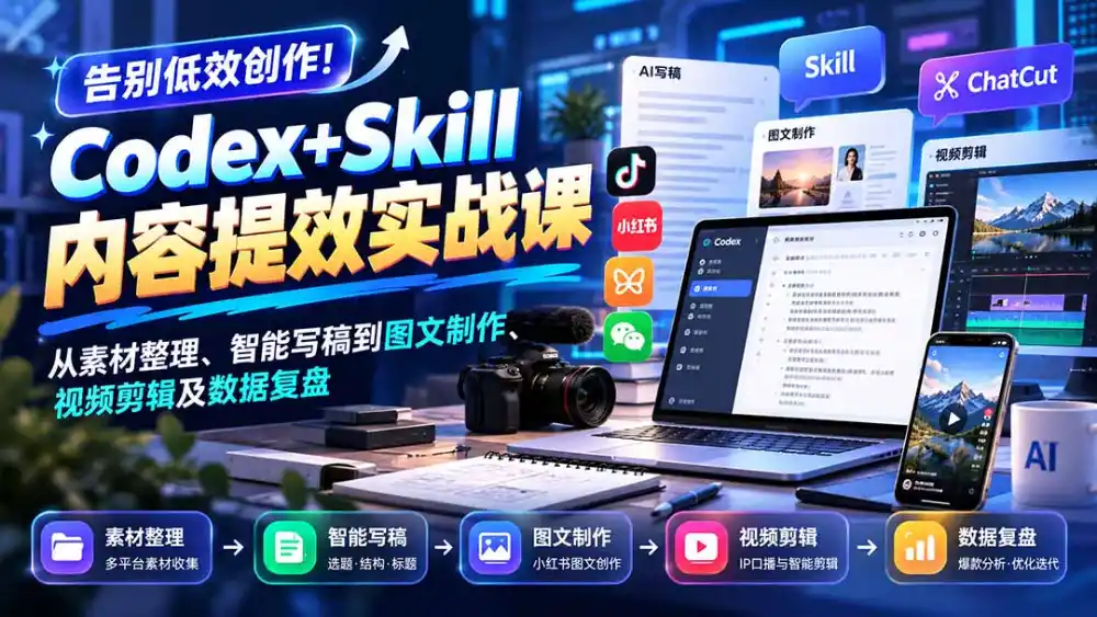 【无水印】告别低效创作！Codex+Skill内容提效实战课：从素材整理、智能写稿到图文制作、视频剪辑及数据复盘-翻身路网创