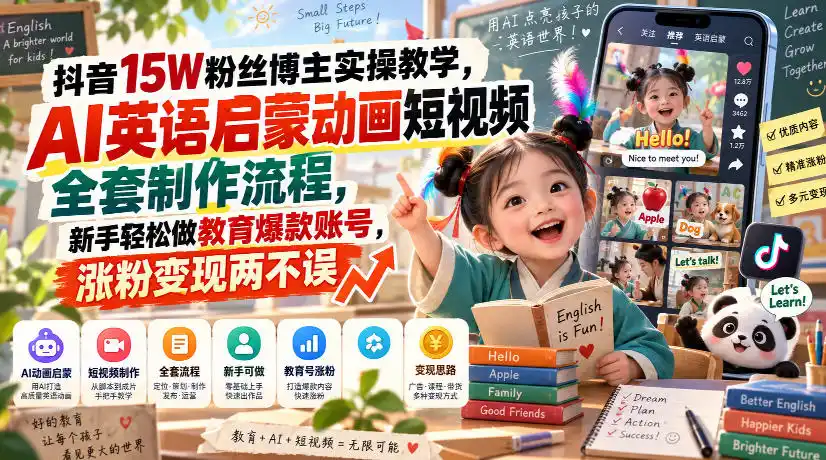 抖音15W粉丝博主实操教学，AI英语启蒙动画短视频全套制作流程，新手轻松做教育爆款账号，涨粉变现两不误-翻身路网创