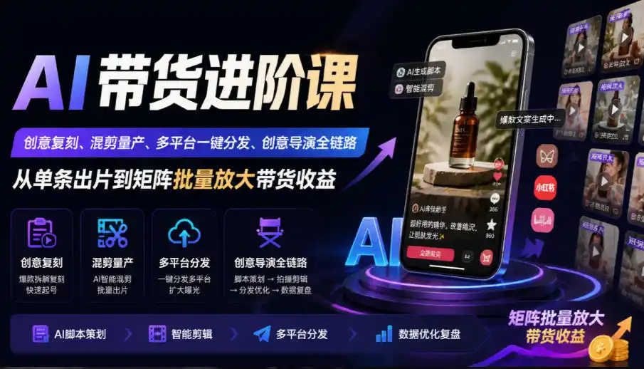 AI带货进阶课｜创意复刻、混剪量产、多平台一键分发、创意导演全链路，从单条出片到矩阵批量放大带货收益-翻身路网创
