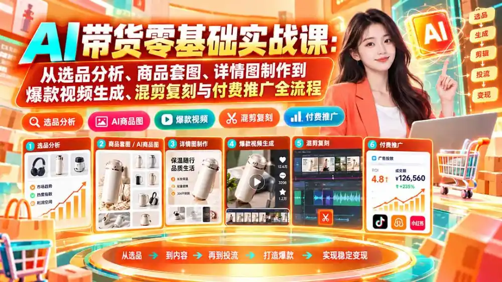 AI带货零基础实战课：从选品分析、商品套图、详情图制作到爆款视频生成、混剪复刻与付费推广全流程-翻身路网创