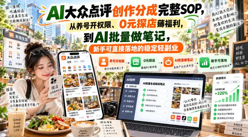 【无水印】AI大众点评创作分成完整SOP，从养号开权限、0元探店薅福利，到AI批量做笔记，新手可直接落地的稳定轻副业-翻身路网创