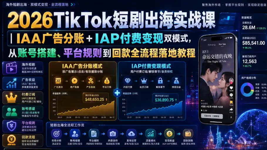 2026TikTok短剧出海实战课｜IAA广告分账+IAP付费变现双模式，从账号搭建、平台规则到回款全流程落地教程-翻身路网创