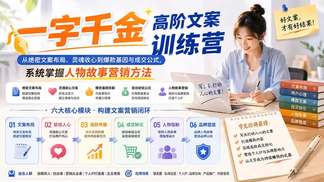 一字千金高阶文案训练营：从绝密文案布局、灵魂收心到爆款基因与成交公式，系统掌握人物故事营销方法-翻身路网创