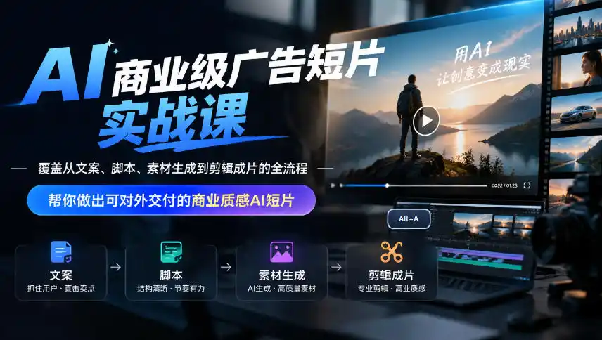 AI商业级广告短片实战课，覆盖从文案、脚本、素材生成到剪辑成片的全流程，帮你做出可对外交付的商业质感AI短片-翻身路网创