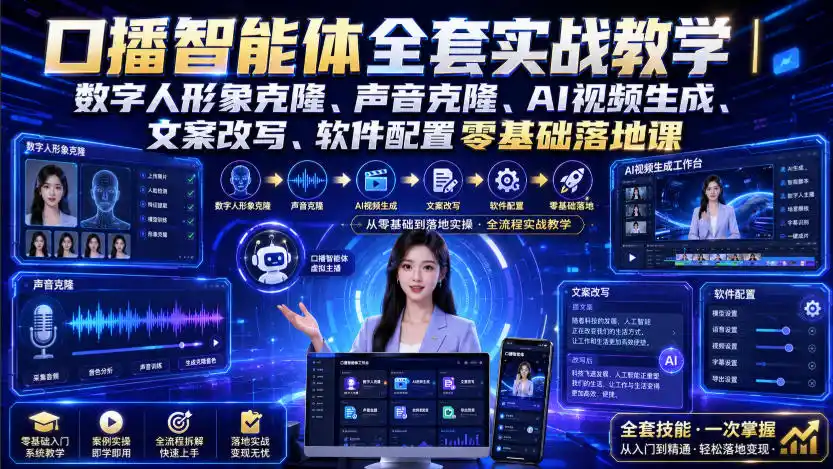 口播智能体全套实战教学｜数字人形象克隆、声音克隆、AI视频生成、文案改写、软件配置零基础落地课-翻身路网创