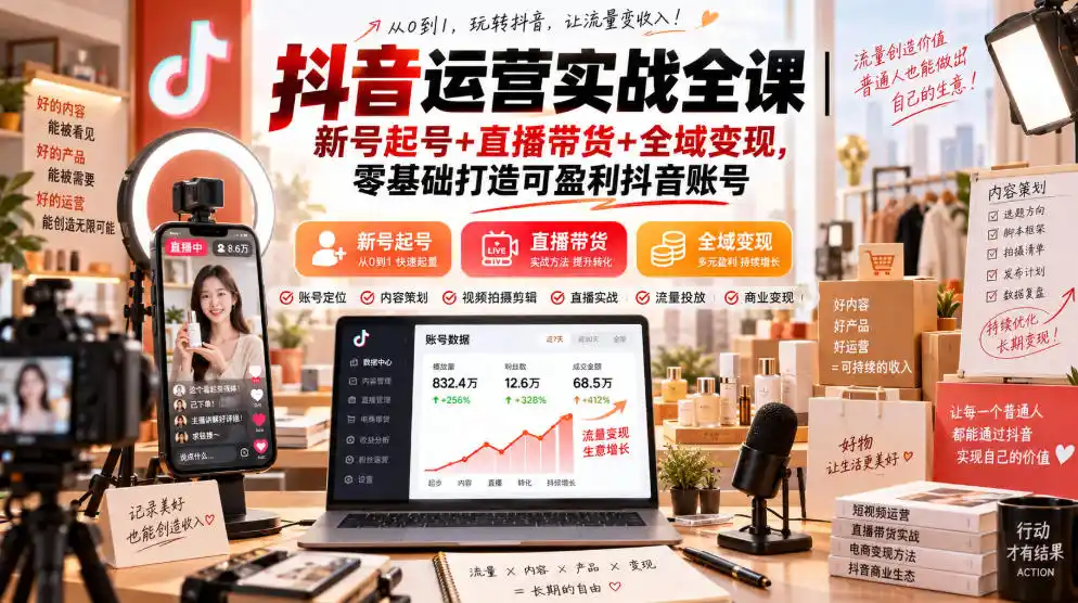 抖音运营实战全课｜新号起号+直播带货+全域变现，零基础打造可盈利抖音账号-翻身路网创