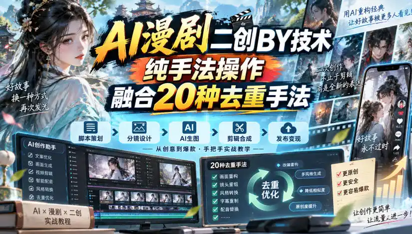 AI漫剧二创搬运技术，纯手法操作，融合20种去重手法-翻身路网创