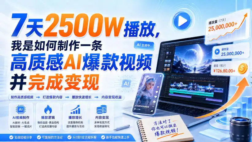 7天2500W播放,我是如何制作一条高质感AI爆款视频并完成变现-翻身路网创