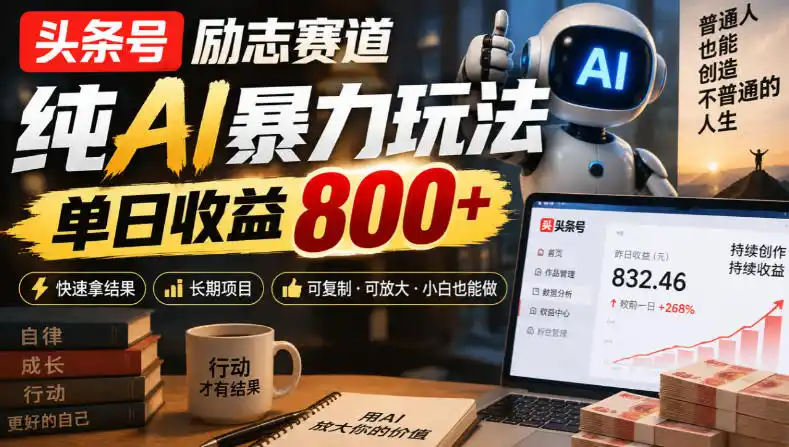 头条号励志赛道，纯AI暴力玩法，单日收益800+，快速拿结果，长期项目-翻身路网创