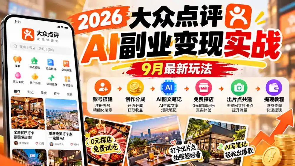 2026大众点评AI副业变现实战9月最新玩法：账号搭建+创作分成+AI图文笔记+免费探店+出片点共建与提现教程-翻身路网创