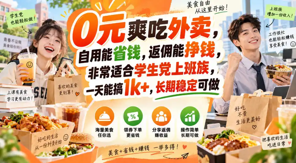 0元爽吃外卖，自用能省钱，返佣能挣钱，非常适合学生党上班族，一天能搞1k+，长期稳定可做-翻身路网创
