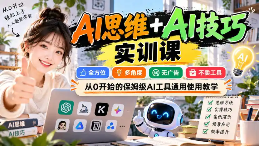 【无水印】AI思维+AI技巧实训课，全方位、多角度、无广告、不卖工具，从0开始的保姆级AI工具通用使用教学-翻身路网创