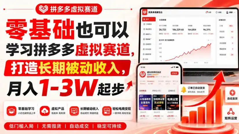 零基础也可以学习拼多多虚拟赛道，打造长期被动收入，月入1-3W起步-翻身路网创