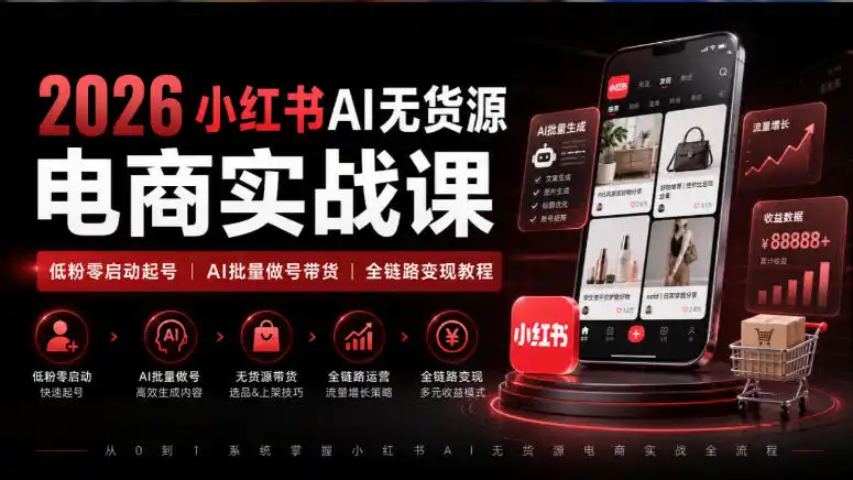 2026小红书AI无货源电商实战课｜低粉零启动起号｜AI批量做号带货全链路变现教程-翻身路网创